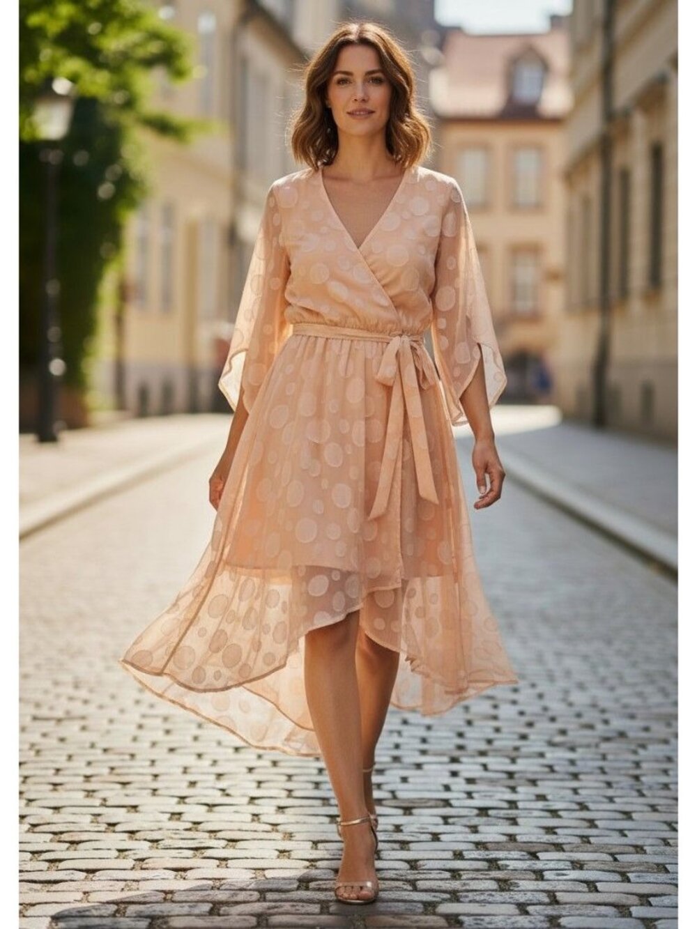 Cato Peach Polka Dot Wrap Midi Dress Womens M Sheer Long Sleeve Lined Polyester